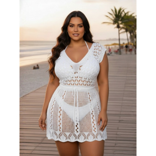 Saída de Praia Curta Plus Size Elegante Trico Croche Cinturada Banho Moda Verão em Oferta na Shopee