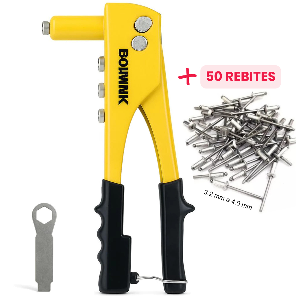 Rebitadeira Profissional Alicate Manual + 50 Rebites POP Com 4 Bicos Rebitador Rosca