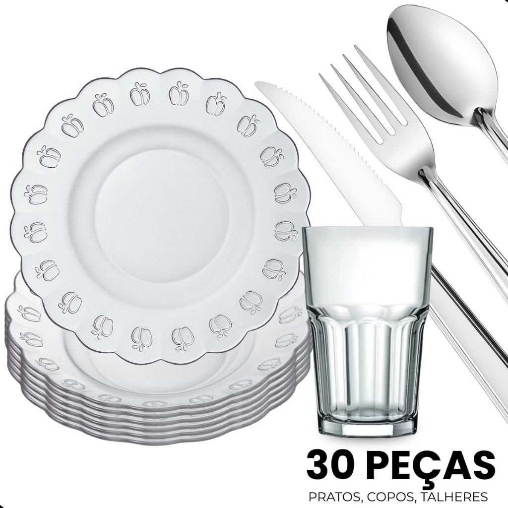 Jogo de Jantar 30 Peças | 6 Pratos Fundos 20cm   6 Copos 350ml e  18 Talheres Inox | Kit Completo