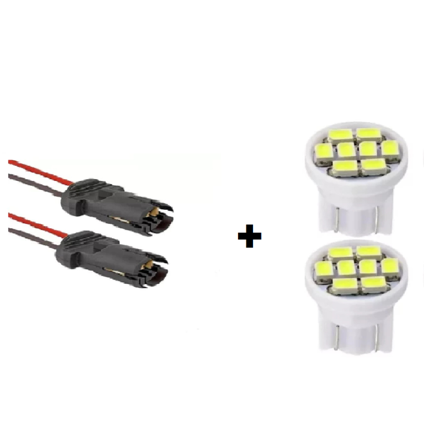 Kit 2 Soquete T10 Pingo Com Chicote W5w. + Kit 2 Lampada T10 8 Led W5w 3014 Branco 12v