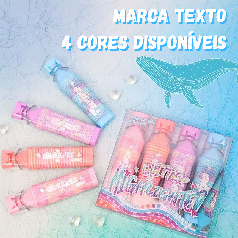 Kit 4 Marca Texto Glitter Marcador Desenho Material Escolar Presente Não Transborda Caderno