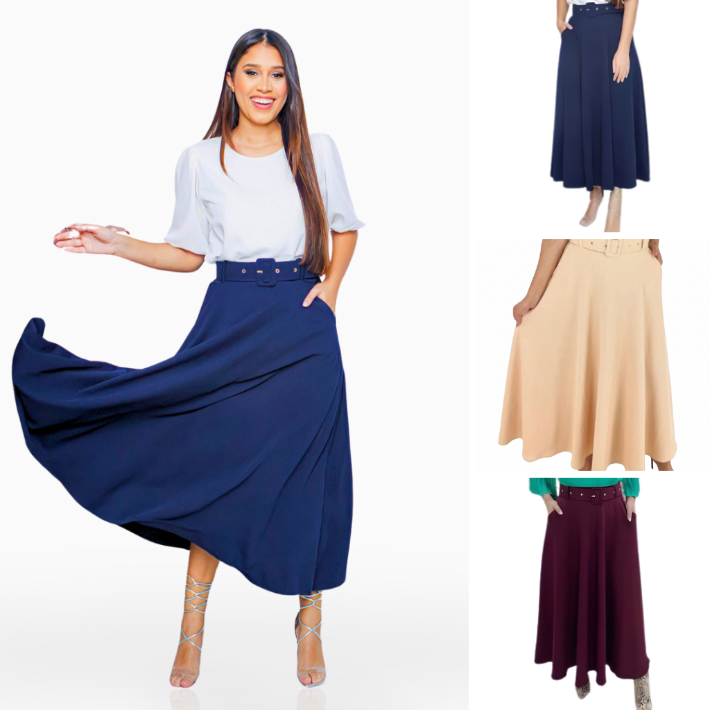 Saia Longa Feminina Godê com Cinto e Bolso – Moda Elegante e Confortável | Tendência 2025 em Oferta na Shopee