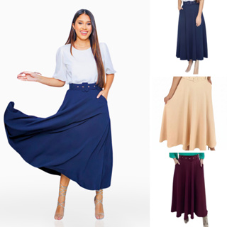 Saia Longa Feminina Godê com Cinto e Bolso – Moda Elegante e Confortável | Tendência 2025 em Oferta na Shopee