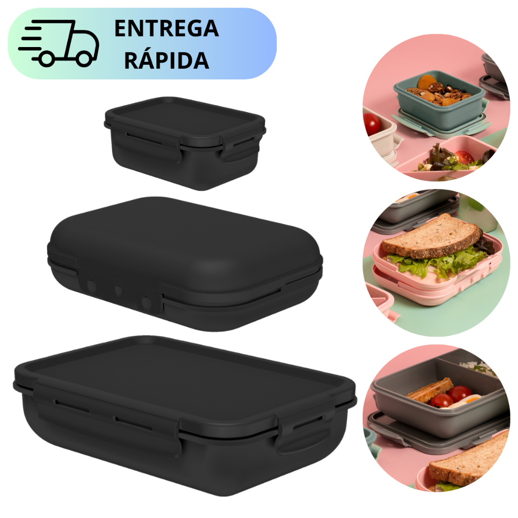Kit Marmita com Pote Hermético 800ml com Divisória Sanduicheira e Mini Pote 300ml Para Freezer Micro