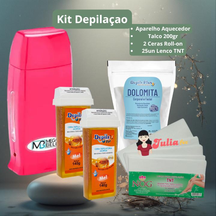 Kit Depilação Aparelho Aquecedor Roll-on Mega Bell + Dolomita + Cera Mell + Lenco 25un
