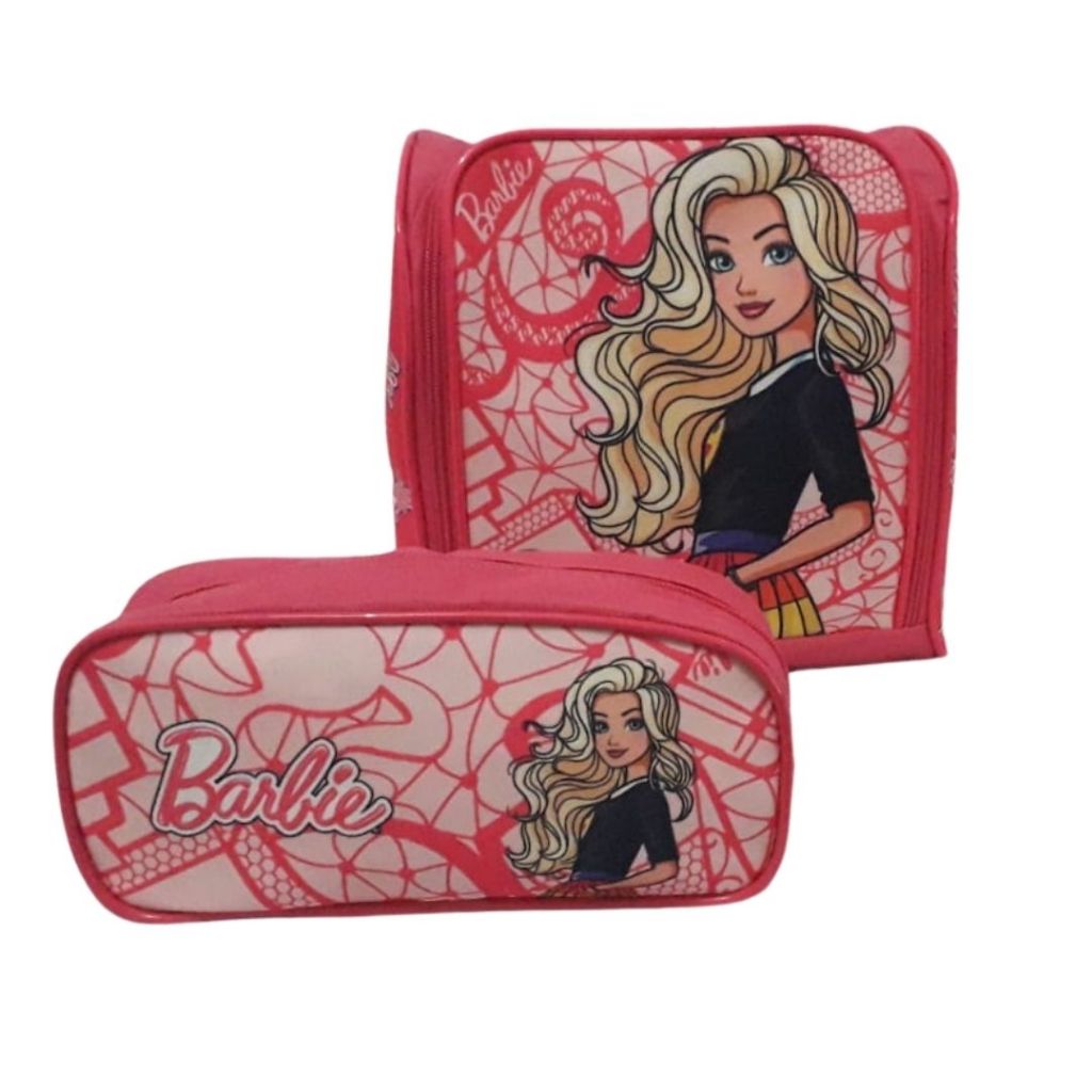 Kit 1 lancheira Térmica Infantil e 1 Estojo 1 Divisão Escolar Infantil Desenho Estampa Barbie /Porta Lápis para Menina