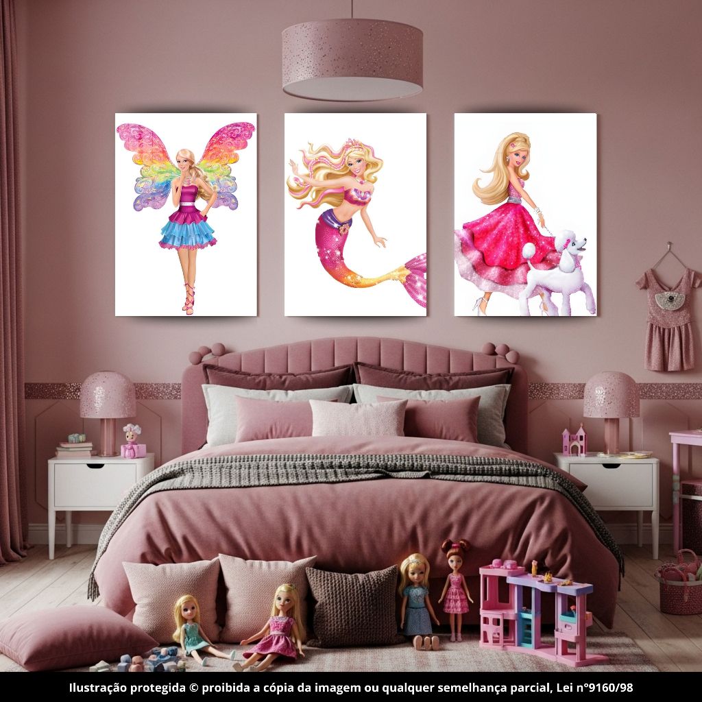 Kit 3 Quadros Decorativo Barbie Fimes Fada Sereia Moda Feminino Infantil Quarto Decoração Parede MDF