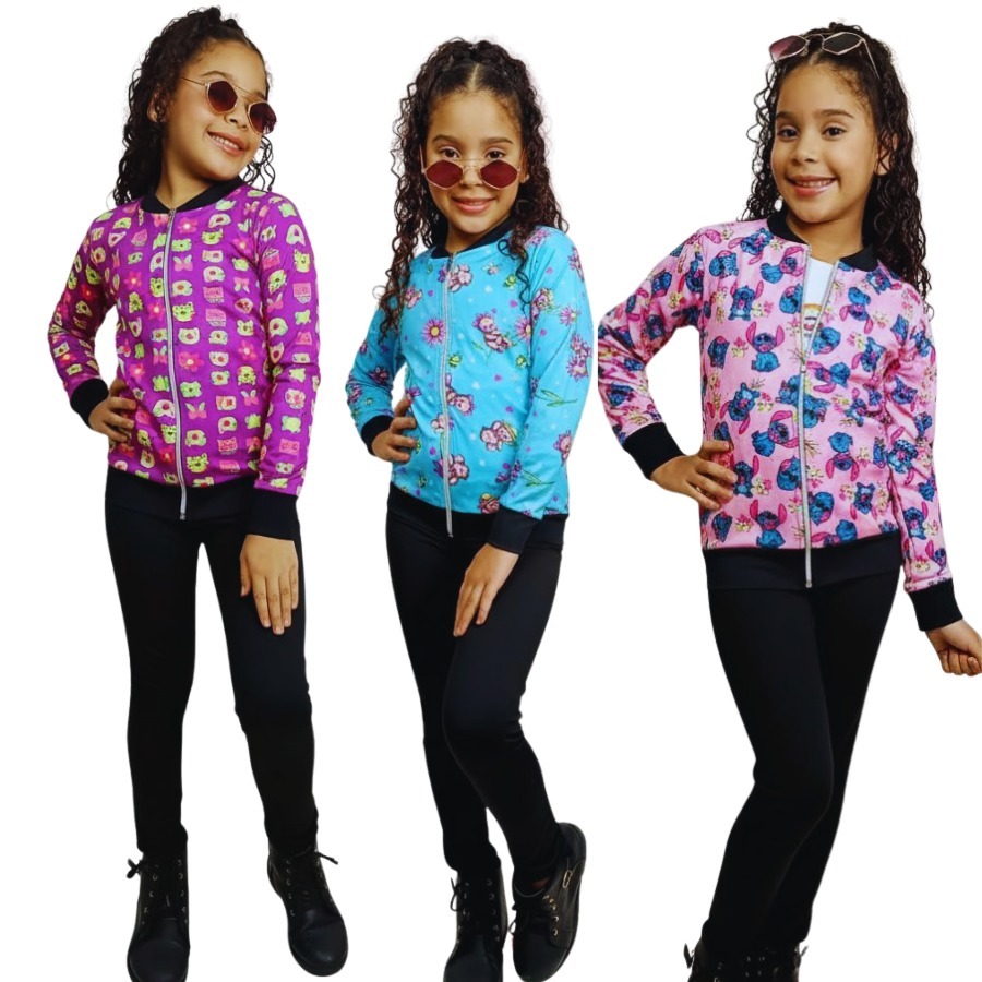Jaqueta Bomber Infantil Juvenil Menina Estampada Colorida Tecido Suplex – Tamanho 8 a 14