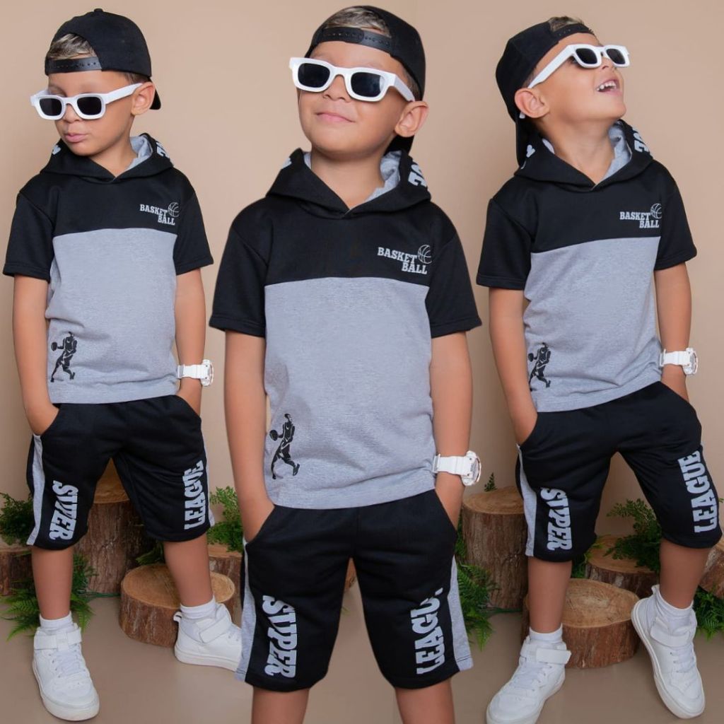 Conjunto Infantil Masculino Estiloso Verão  Blusa e  Bermuda Barato Masculino Top 2 ao 14 anos