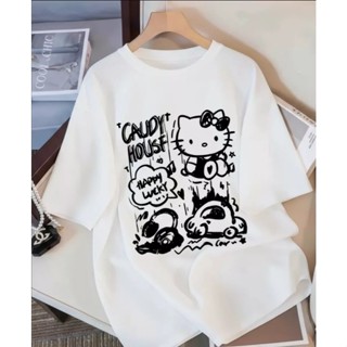 Camiseta Camisa Oversized 100% Algodão Feminina Fofa Casual Street Confortavel Estilosa Hello Caudy em Oferta na Shopee