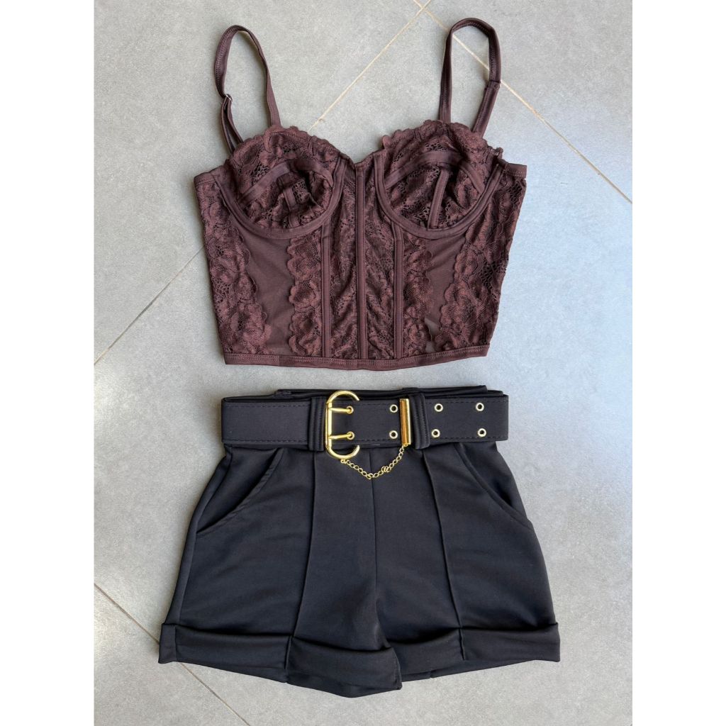 Conjunto Duas Peças Shorts Cropped Short Feminino Corset Renda Com Cinto Espartilho Varias Tamanhos Cores Variados Moda