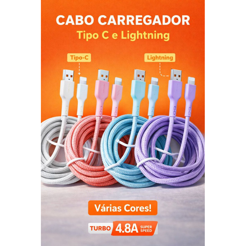 Cabo para iPhone x/11/12/13/14/15/16/17 cabo para Android cabo tipo c cabo Lightning cabo para celular carregador turbo
