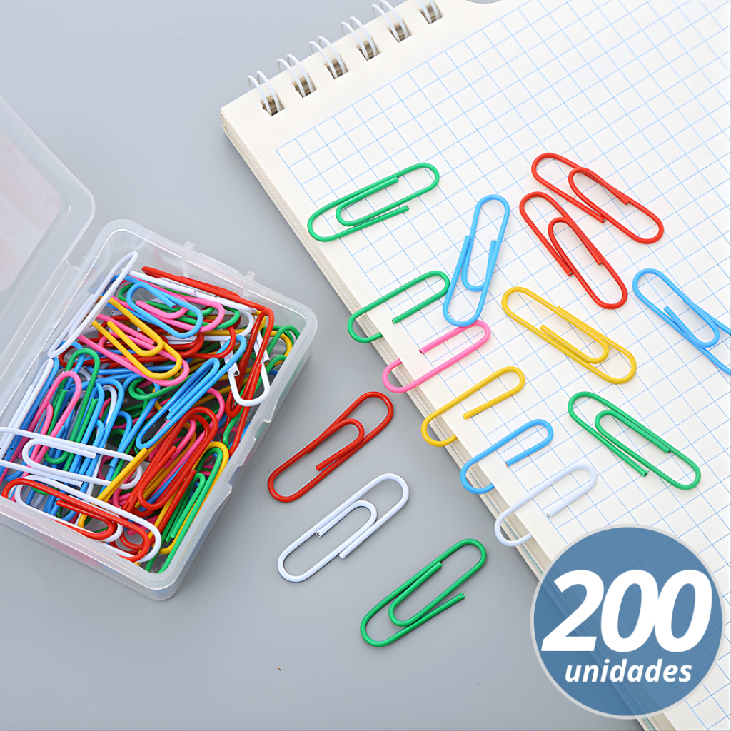 Kit 200 Clips Papel Coloridos Predendor Aço para Escritorio Organização Documentos