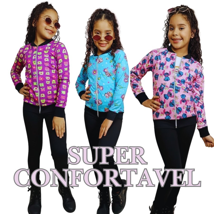 Casaco Jaqueta Infantil Juvenil Feminino Estampado SUPLEX Modelo Bomber – 8 a 14 Anos
