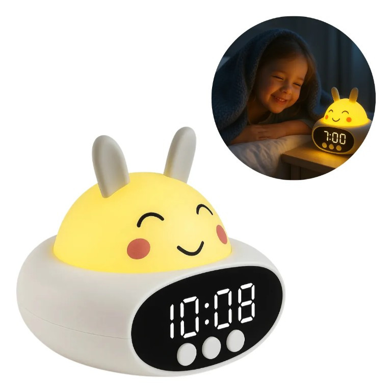 Relógio Despertador Coelho Desenho Animado Digital Smart LED Tempo Temperatura Mostrador Noturno