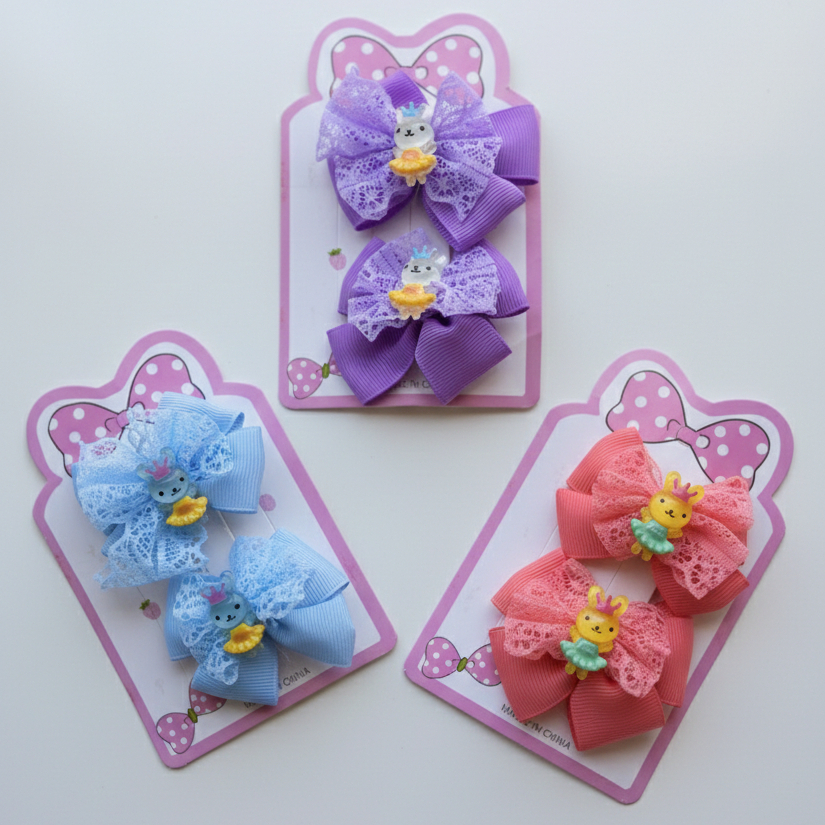 Par de Laços Tecido Acessorio para Cabelo Infantil Presilha Tic Tac Grampo Rosa Lilas Branco