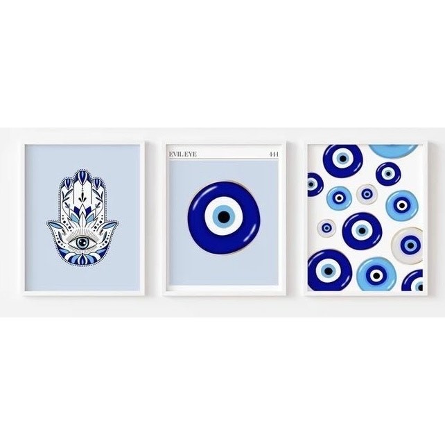 Quadros decorativos trio tema proteção olho grego e hamsá (3 peças)