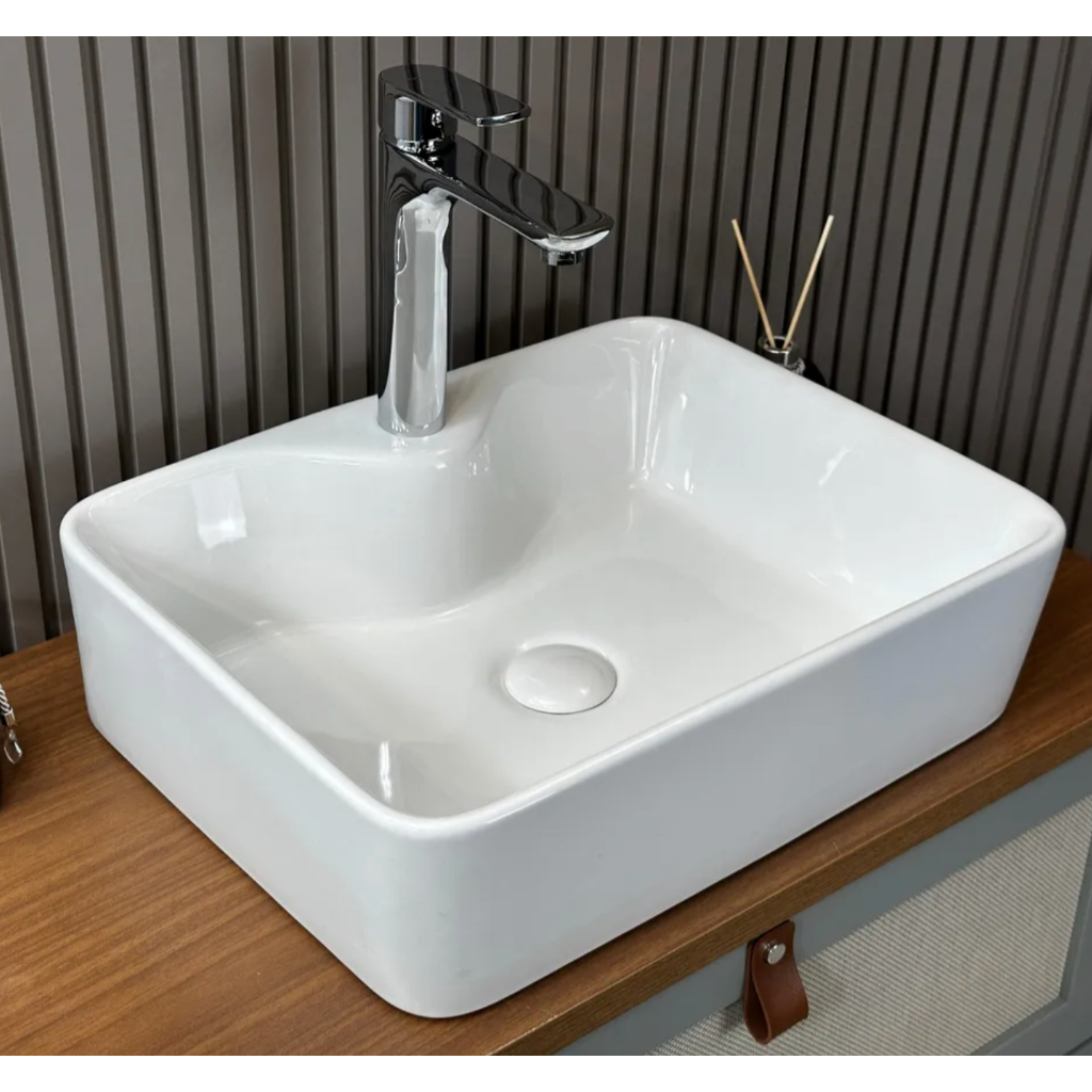 Cuba de Apoio Modelo Deka Smart 49X37 Branca, Torneira e Click de Porcelana