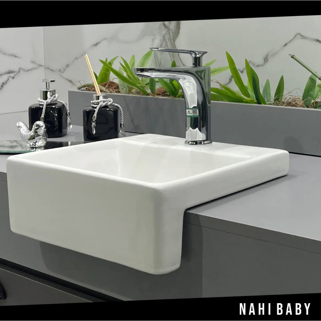 Cuba Semi-Encaixe Nahi Baby 29x33 Com Click de Porcelana e Torneira - Lavabo Banheiro