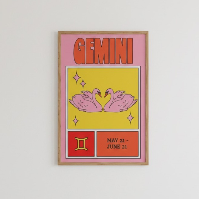 Quadros decorativos pôster signo Gêmeos com cisnes estilo retrô (1 peça)