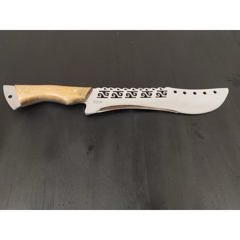 Faca artesanal estilo kukri lâmina integral aço inox 10 pol 4mm com detalhes vazados cabo full tang em madeira nobre