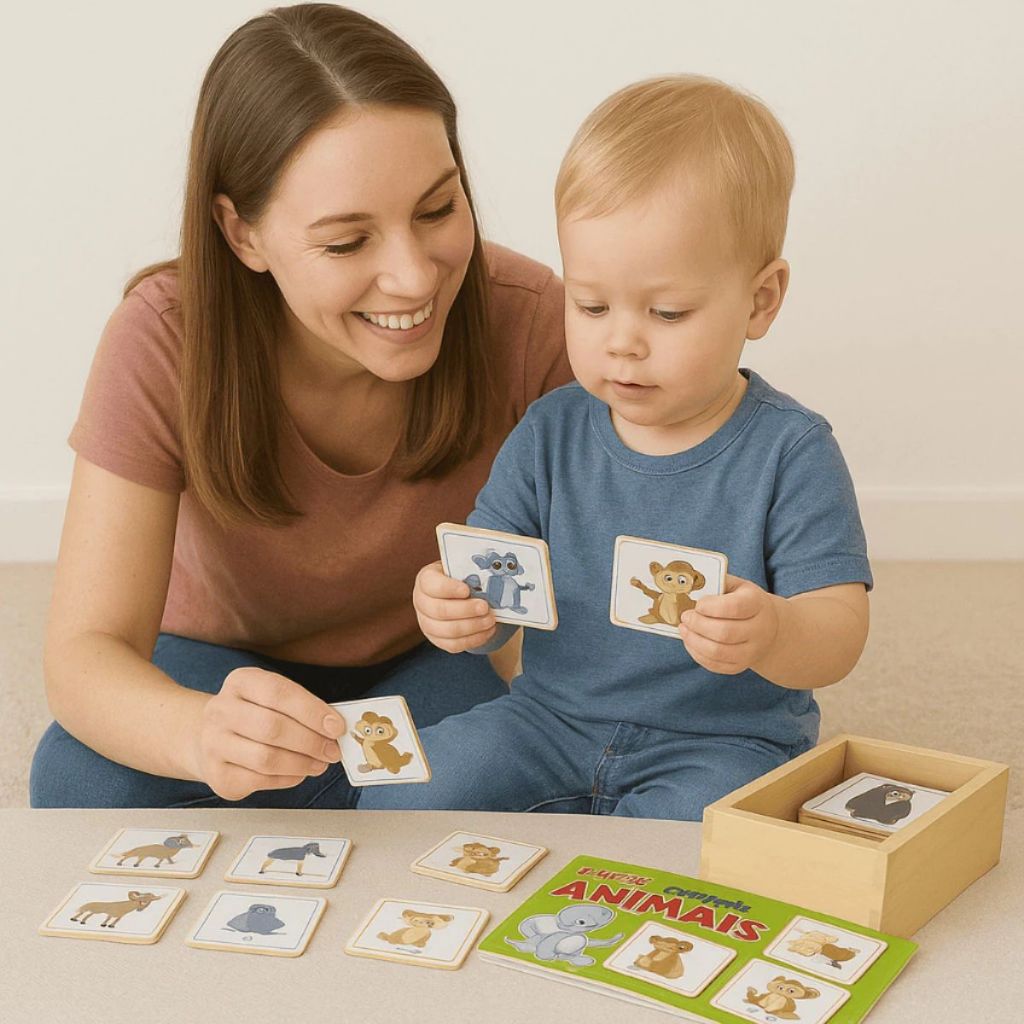 Jogo da Memoria Animais Zoologico Estojo MDF Brinquedo Educativo Pedagógico Infantil Escolar Divertido