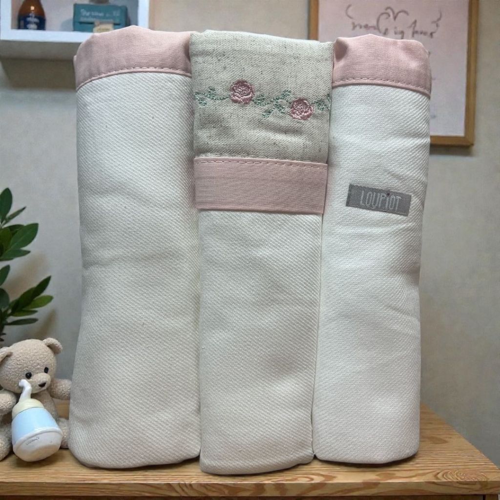 Cueiro Bebê Bordado 100% Algodão | Kit 3 Peças | Enxoval Recém-Nascido Loupiot Nature em Oferta na Shopee