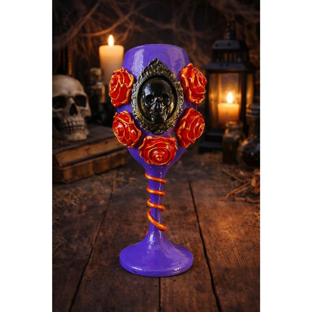 Taça Ritualística Luxo (Roxo e vermelho) – Rosas e Caveira para Pomba Gira/Exu