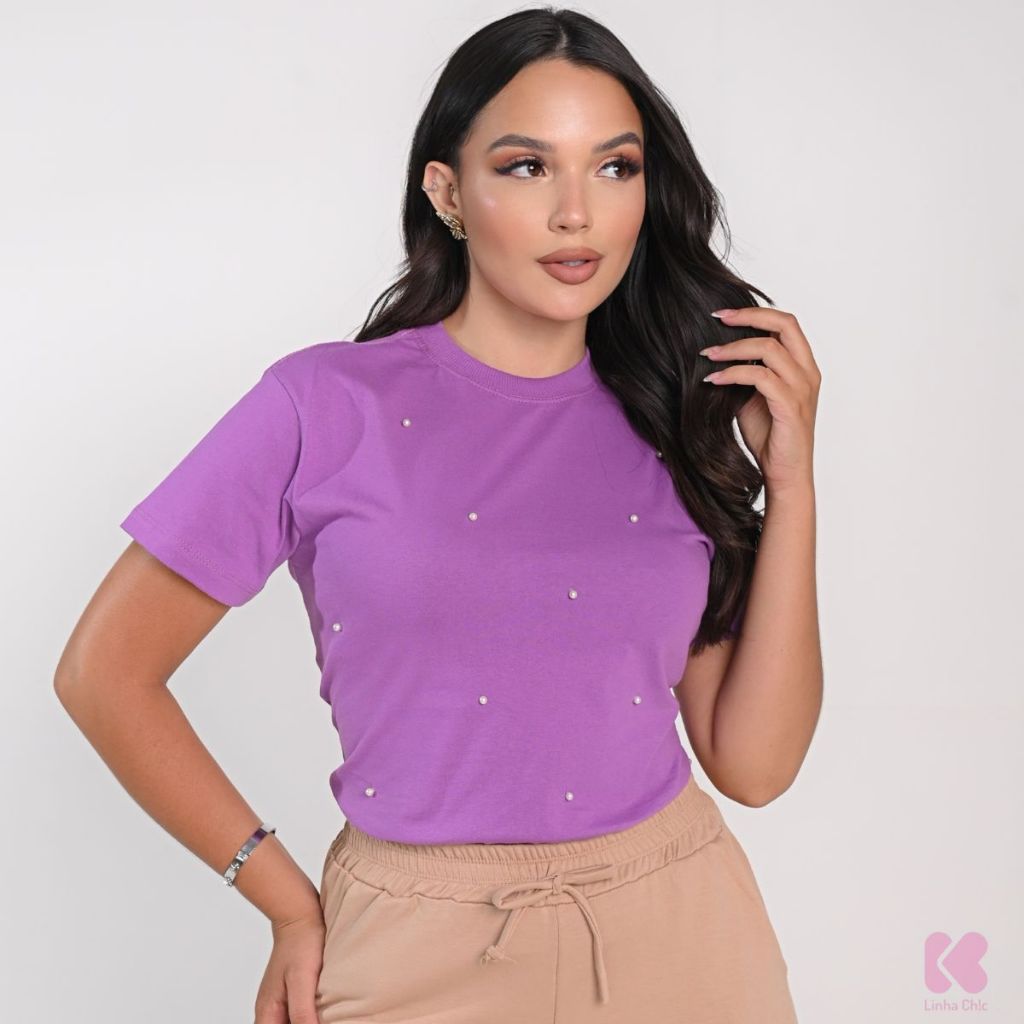 Blusa Feminina 100% Algodão com Pérolas Confortável Estilosa Casual Elegante Blogueira Lisa T shirt Luxo Camiseta