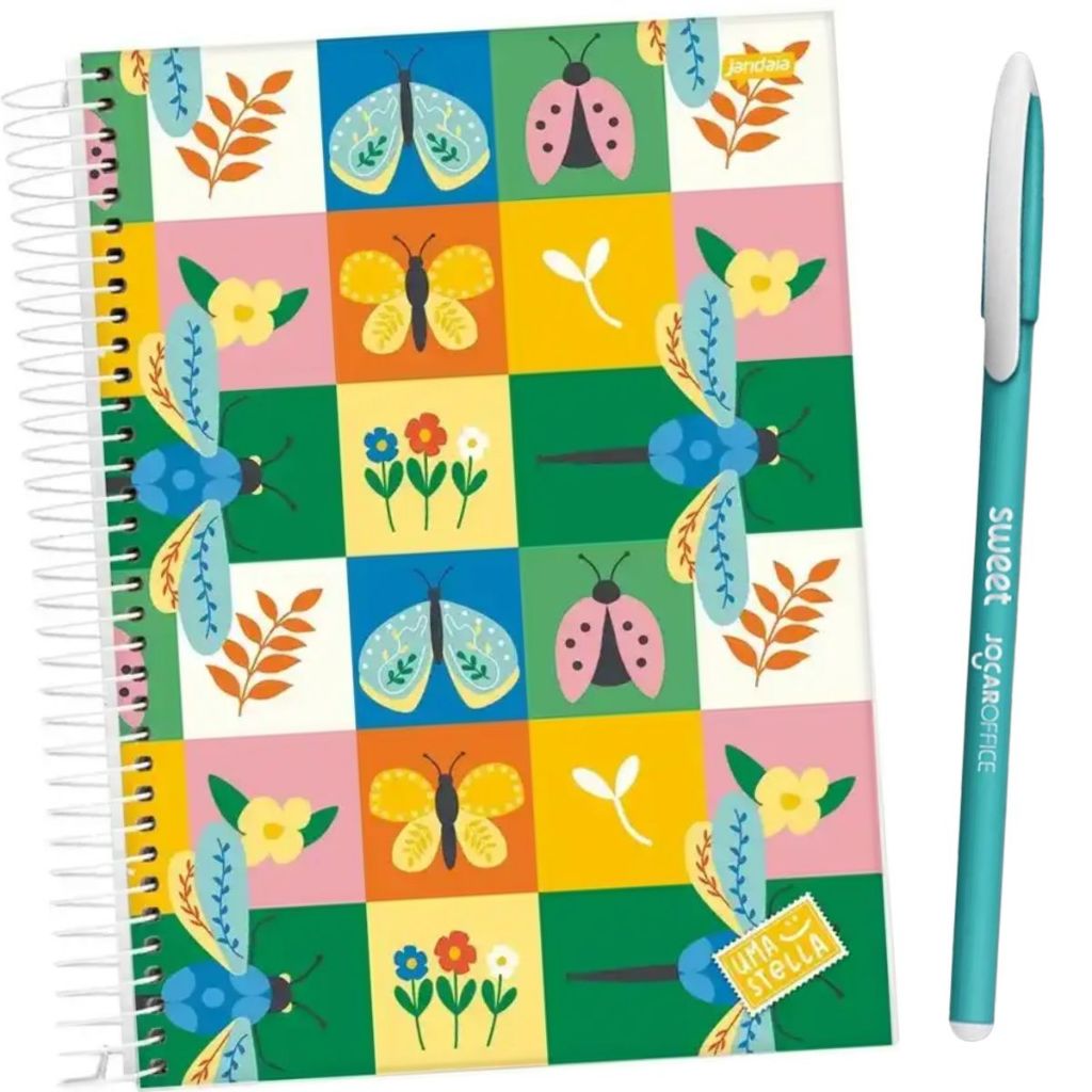 Caderno 10 matérias Stella Fofo Feminino 160 folhas Capa Dura Jandaia 10x1 A4 Frutas Ursinhos Corações Menina