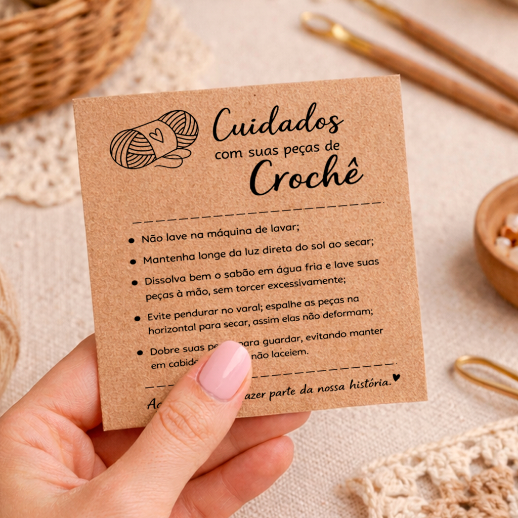 Cartão Cuidados Crochê papel Kraft 9x10cm - Tag lavagem da peça em Oferta na Shopee