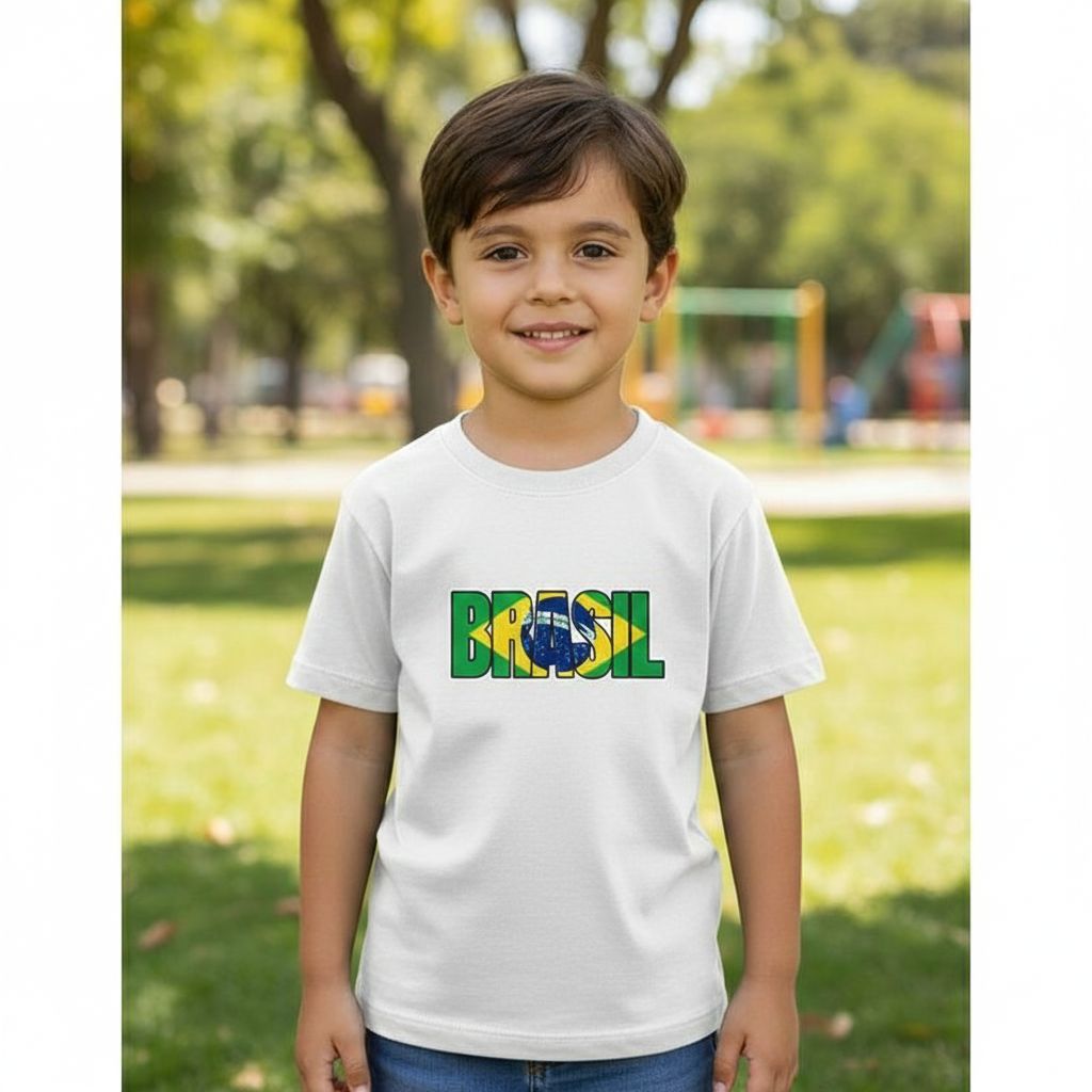 Camiseta Brasil Infantil Copa Do Mundo 100% Algodão Com Bandeira 2 A 14 Anos