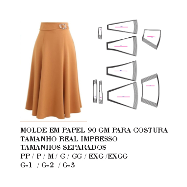 MOLDE ,MODELAGEM DE SAIA MID NESGADA IMPRESSA EM PAPEL 90 GM PARA COSTURA HSTZ-270