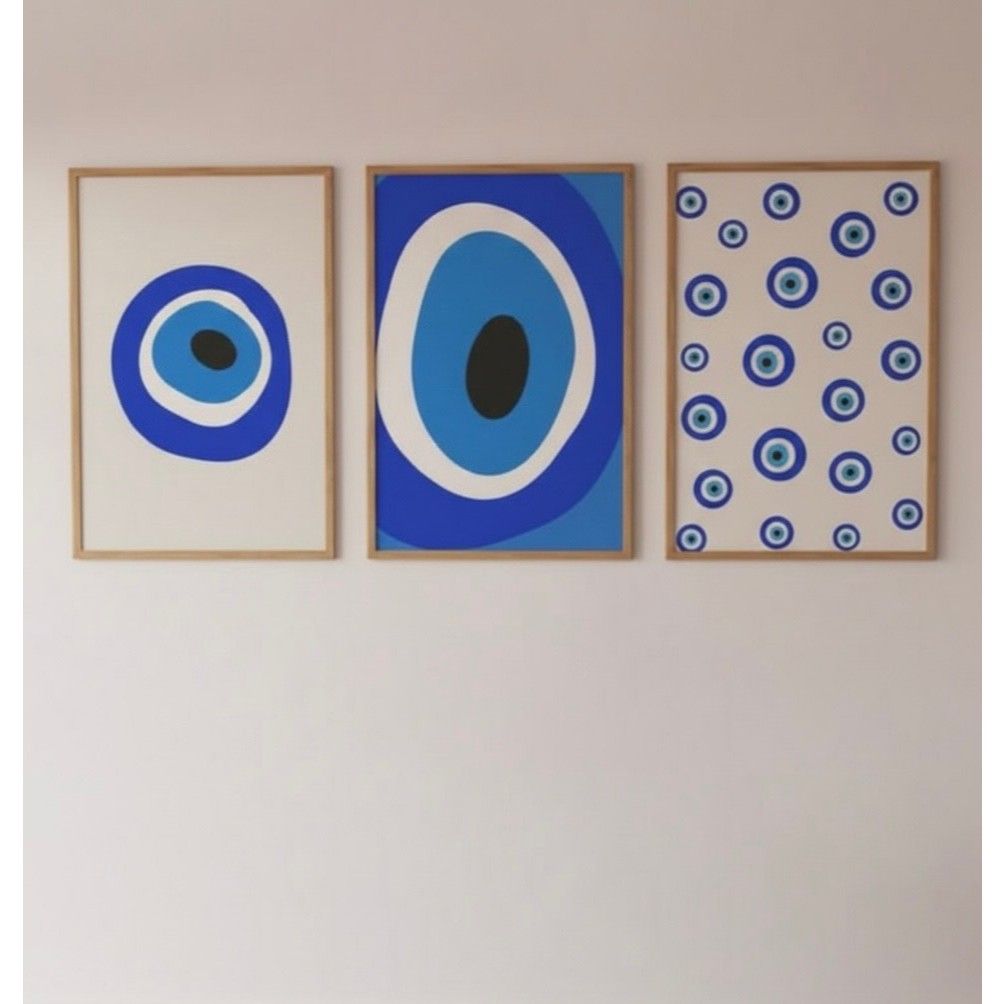 Quadros decorativos Místico Olho Grego Azul e Branco (3 peças)