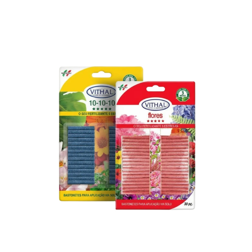 Kit Vithal: Fertilizante Bastonetes Pronto Uso 30un + Fertilizante Bastonetes Para Flores 30un em Oferta na Shopee
