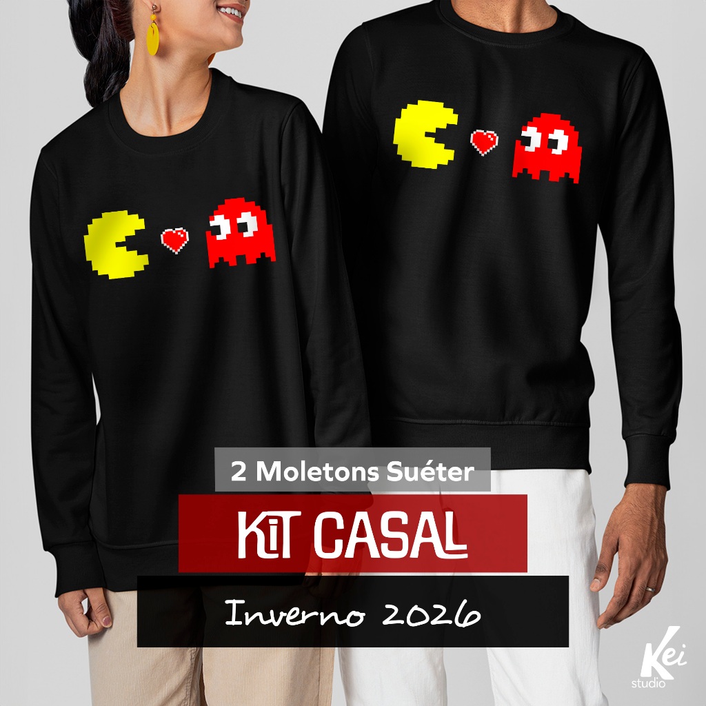 Kit 2 Moletom Inverno Casal | Suéter Macio | Gola Redonda | Cultura Casal Otaku - Pac Man Pixel Jogo