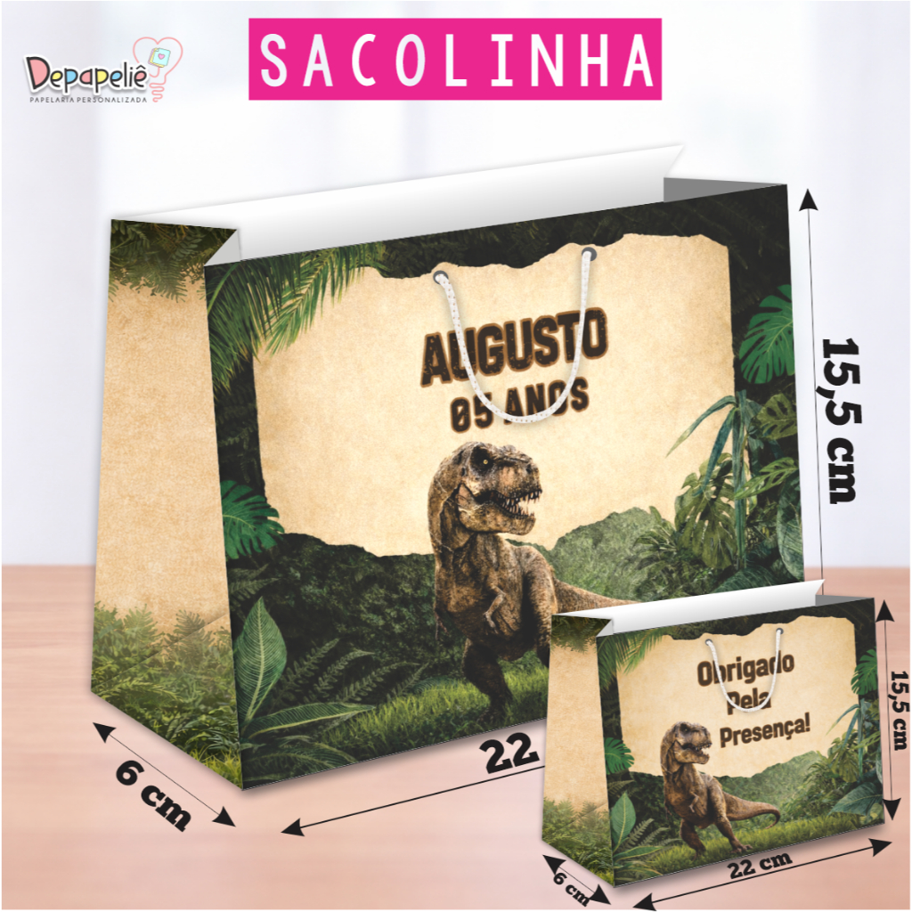 Sacolinha Personalizada Dinossauro T-REX BRINDES LEMBRANCINHAS ANIVERSÁRIO INFANTIL FESTA SACOLA PERSONALIZADA