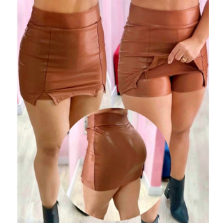 Short Saia Courino Nude Marrom Feminino Com Fendas Laterais Linha Premium Cintura Alta com Lycra em Oferta na Shopee