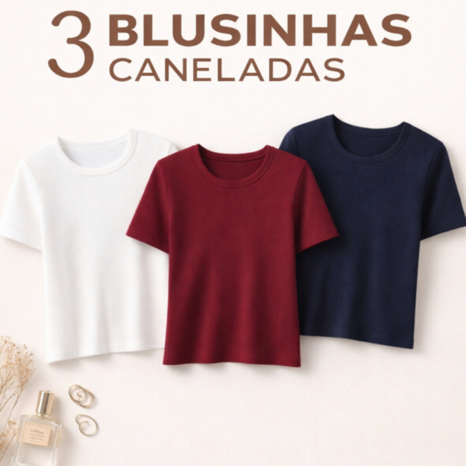 Kit 3 Camisetas Baby Look Canelada Feminina Verão Blusinha Modinha Gola Redonda Manga Curta