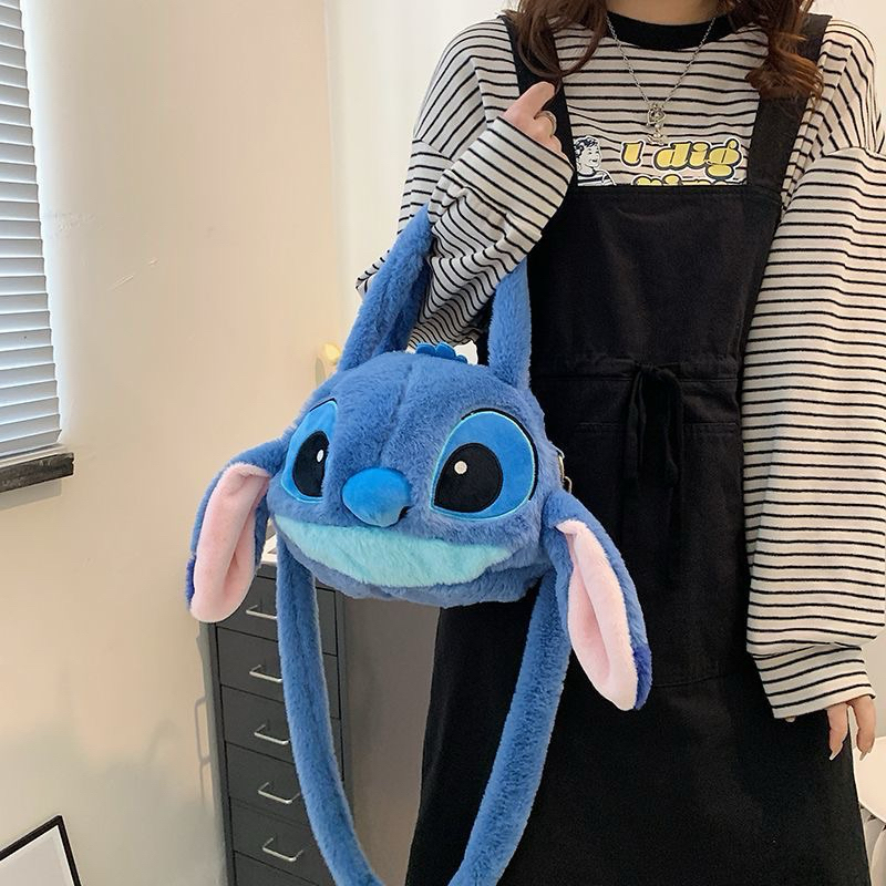 Mochila Pelúcia Stitch Bolsa de Pelúcia Fofa Personagem Desenho Animado Bolsa de Ombro Transversal e de Mão Feminina