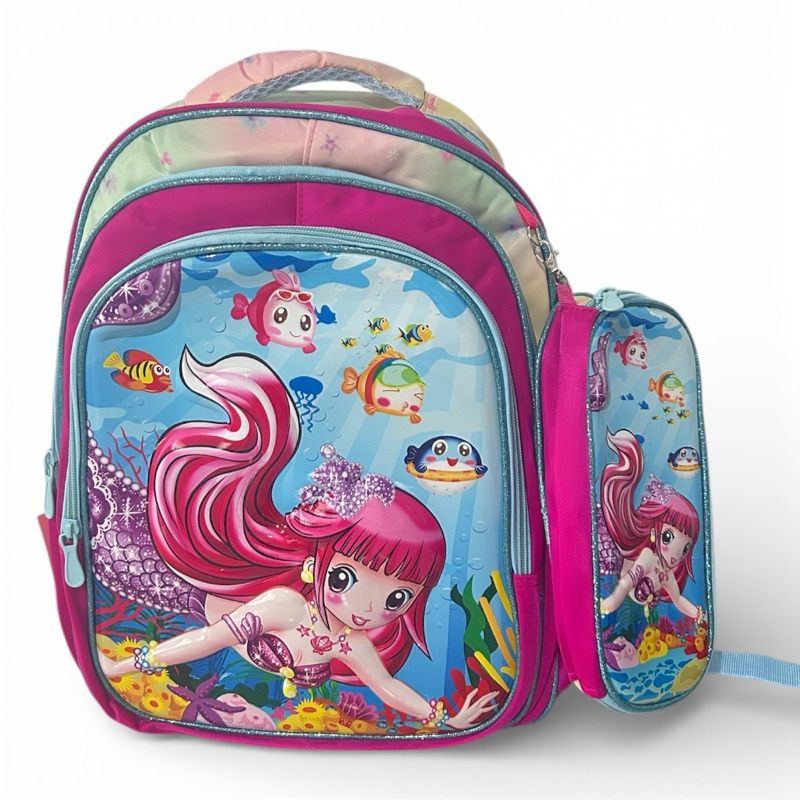 Mochila Infantil estampa vibrante de sereia e Carros efeito 9D  e três divisórias, Acompanha Estojo.