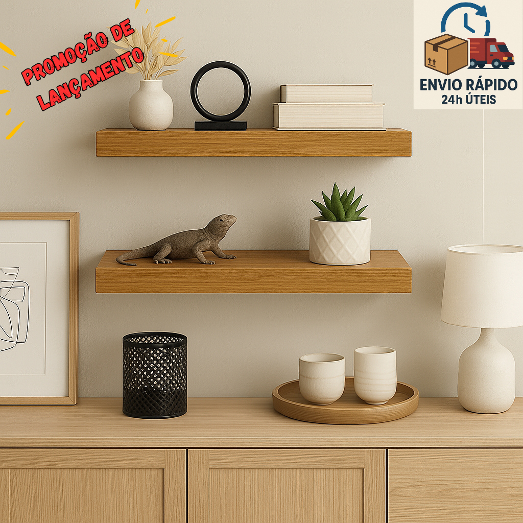 kit 2 Prateleira 60/50/40/30cm x14cm MDF Freijó 15mm - Com Suporte Invisível Decoração Quarto Sala Cozinha e outros