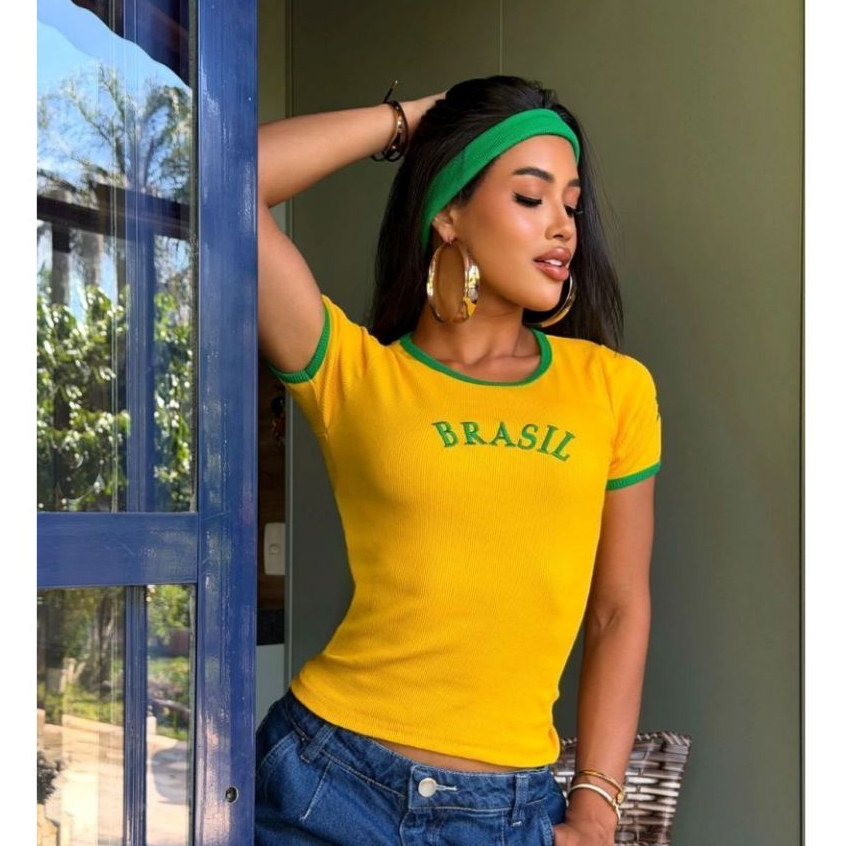 Blusinha Camiseta Brasil Ribana Manga Curta Baby Look Várias Cores Copa do Mundo Rio de Janeiro Verão Praia 2026