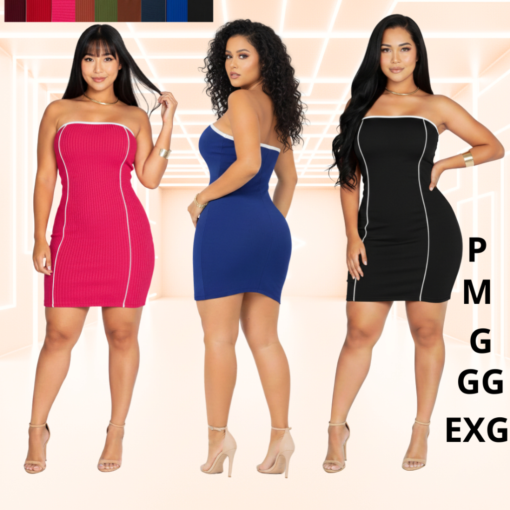 Vestido Feminino Tomara Que Caia Bicolor Malha Canelada com Forro no Busto Ajustado ao Corpo | Moda Tendência em Oferta na Shopee