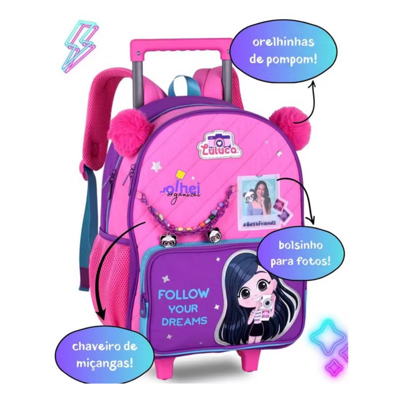 Kit Luluca Mochila de Carrinho Rodinhas Grande e Lancheira Termica Feminina Infantil Luluca Rosa