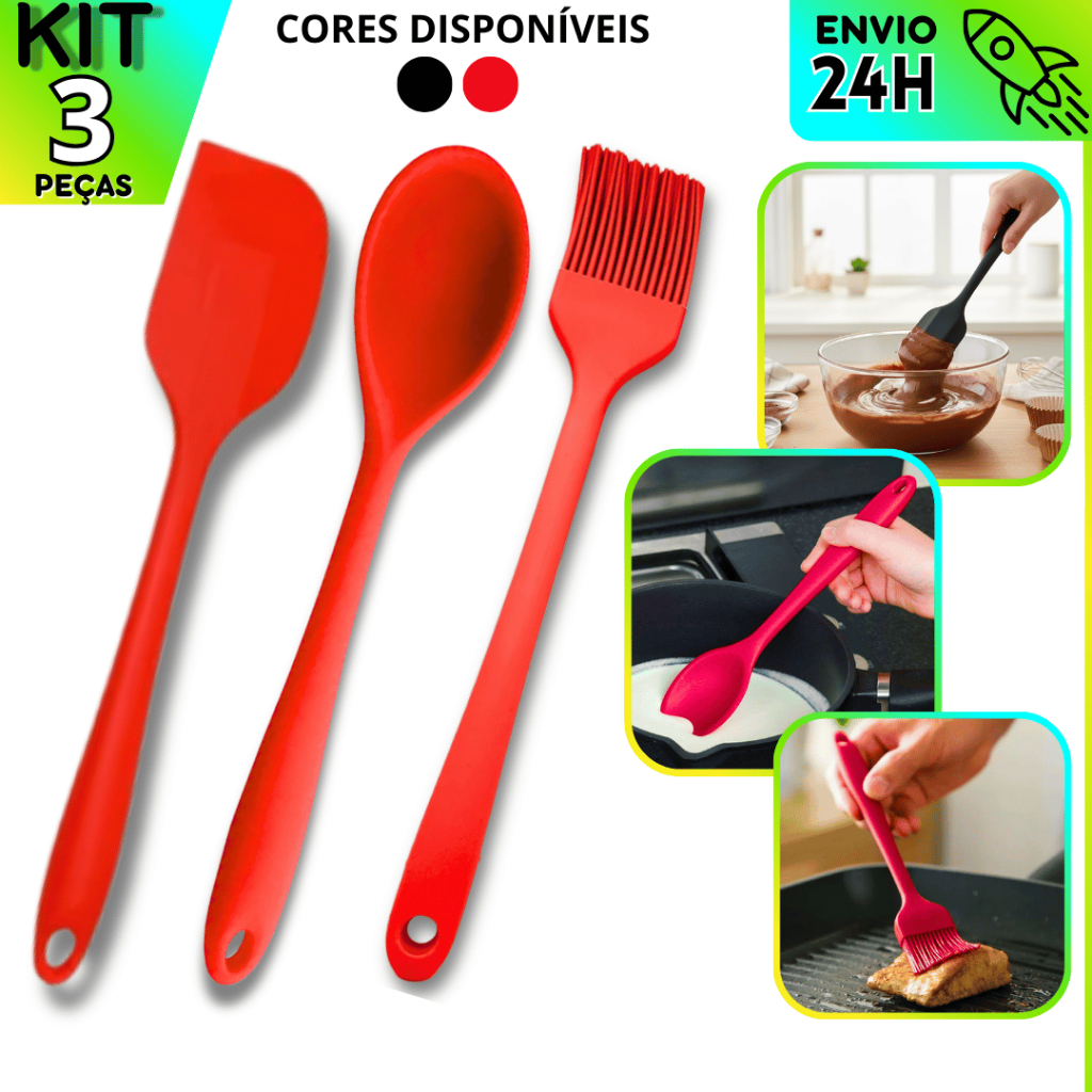 Kit Utensílios Silicone 3 Peças | Colher, Pincel e Espátula Pão Duro Resistente Alta temperatura em Oferta na Shopee