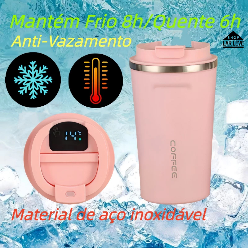 510ml Copo Térmico Anti-Vazamento com Tela Digital Temperatura - Inox 304 Mantém Frio 8h/Quente 6h