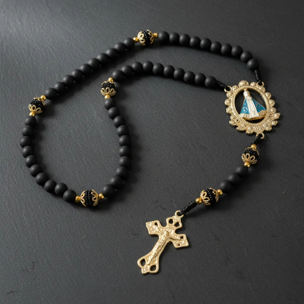 Terço Artesanal Nossa Senhora Aparecida – Católico Premium Luxo, Medalhas Metálicas