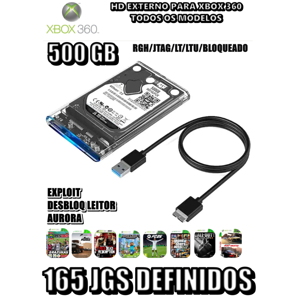 HD GAMER EXTERNO XBOX 360 165 JGS BLOQUEADO/RGH/JTAG/LT/LTU/LT2.0/3.0 165 JGS