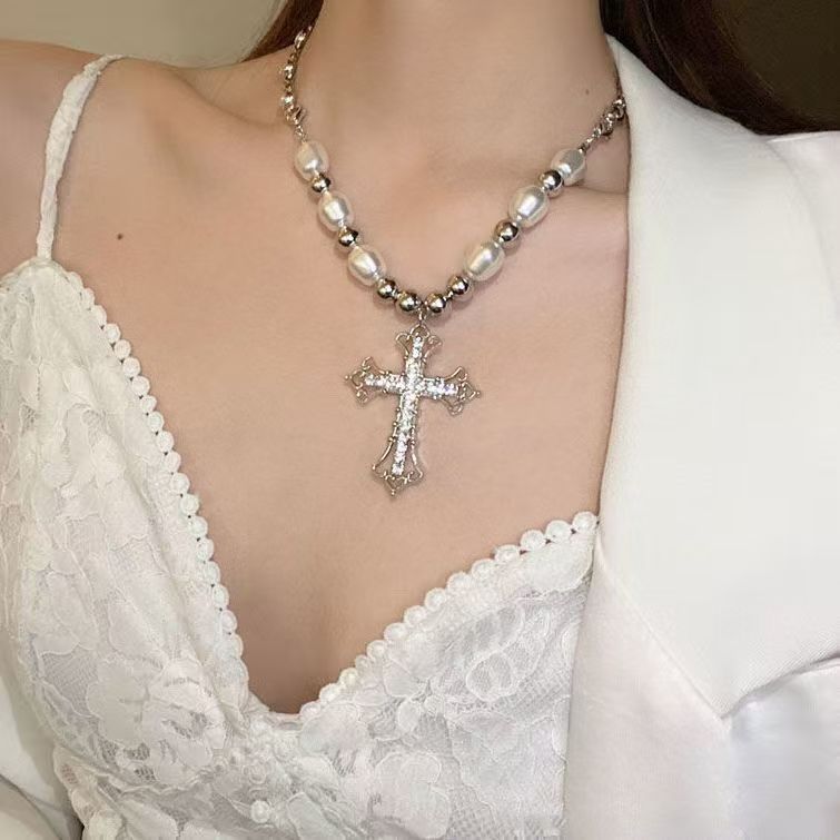 Colar De Pérolas Estilo Punk Vintage Com Cruz De Diamante Joias Elegantes Para Mulheres